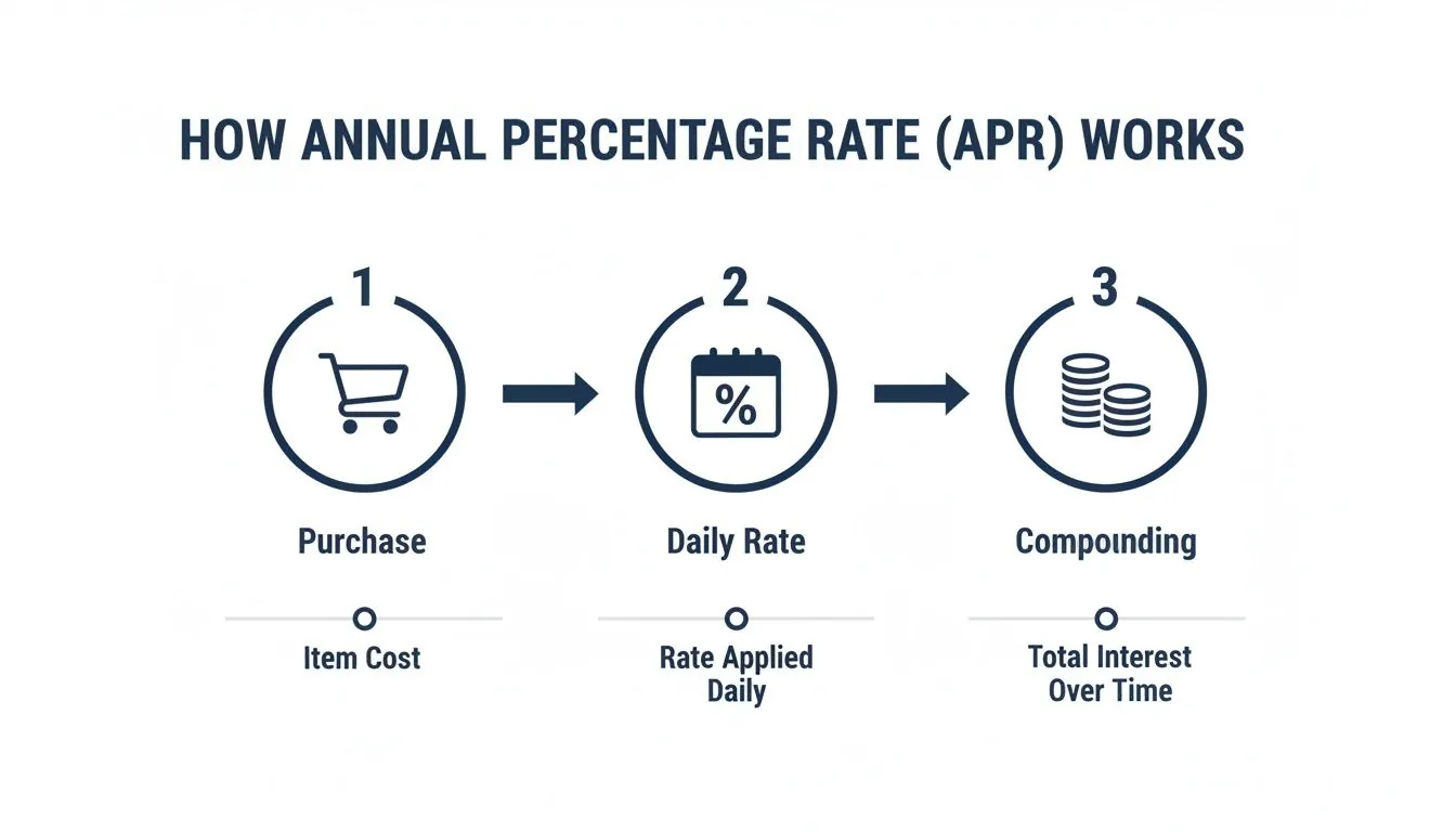 Diagram illustrating how Annual Percentage Rate (APR) works: purchase, daily rate application, and interest compounding.