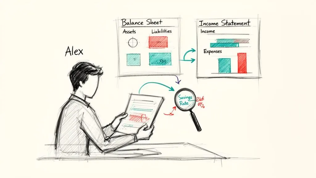 Alex analyzes financial statements (balance sheet, income statement) to understand his savings rate.