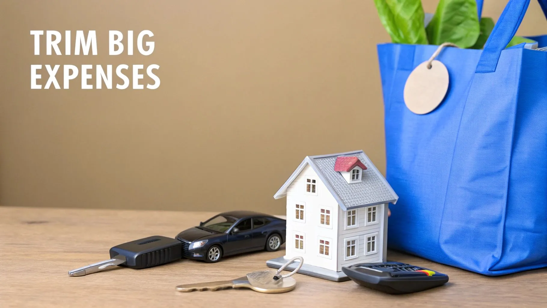 A person at a crossroads, with signs pointing towards housing, transport, and food, symbolizing major financial decisions.