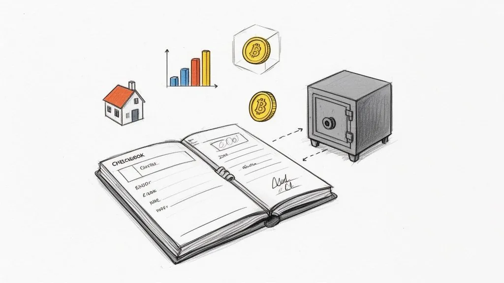 A sketch showing financial assets: a house, a growth chart, Bitcoin coins, a safe, and a checkbook.