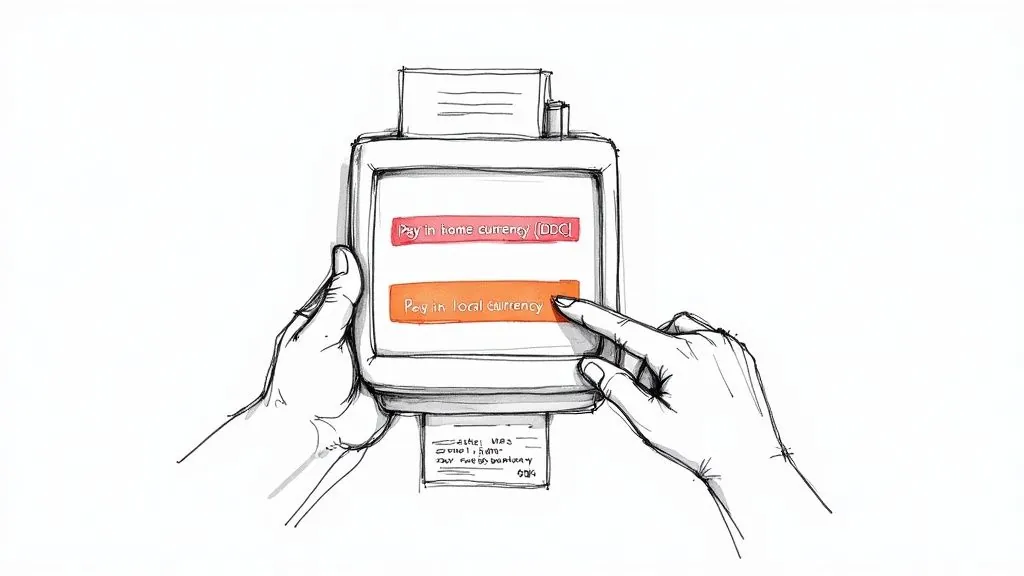 A sketch of hands selecting 'Pay in local currency' on a payment terminal screen.