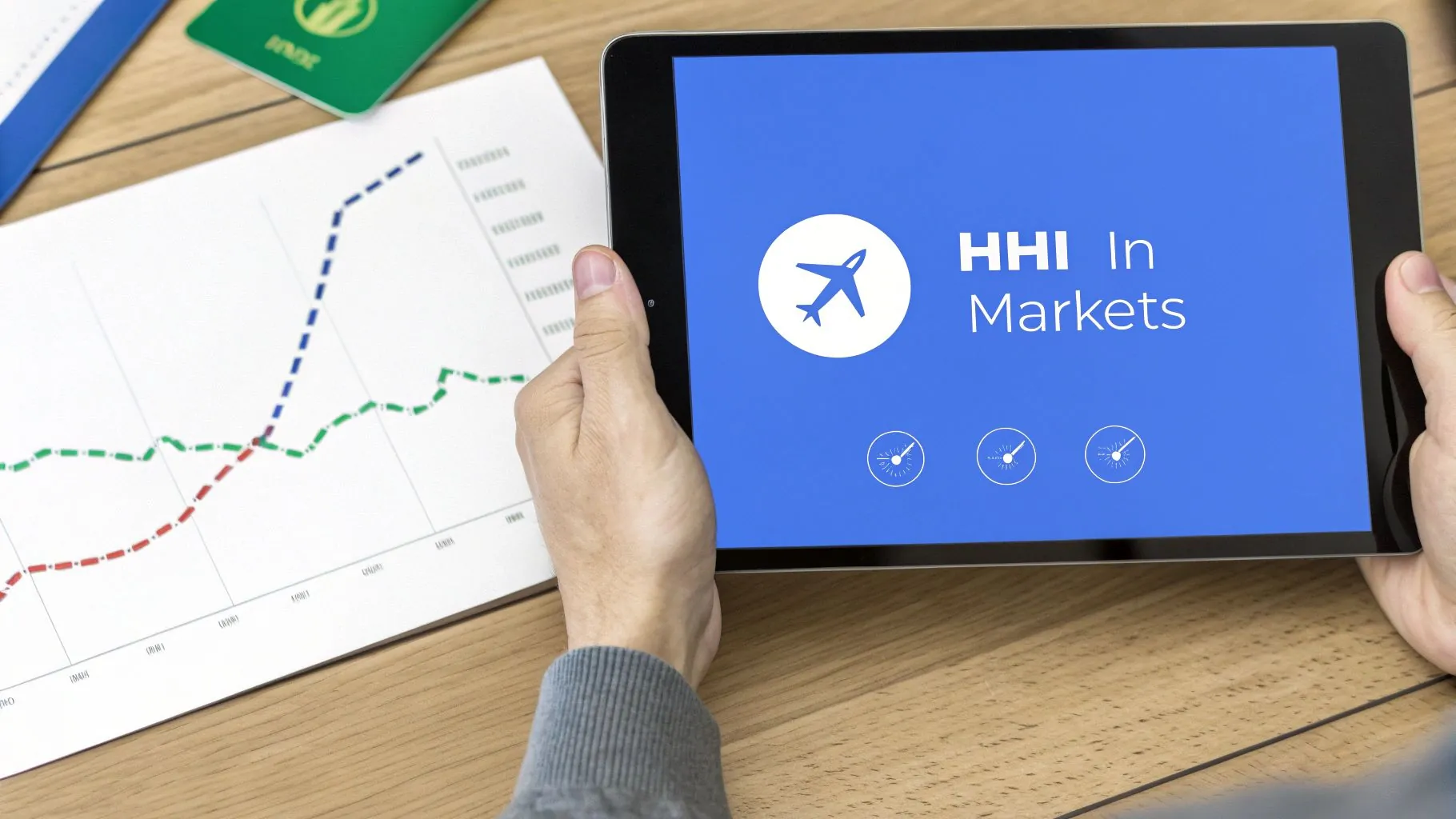 A person's hands holding a tablet displaying 'HHI In Markets' next to a financial chart on a desk.