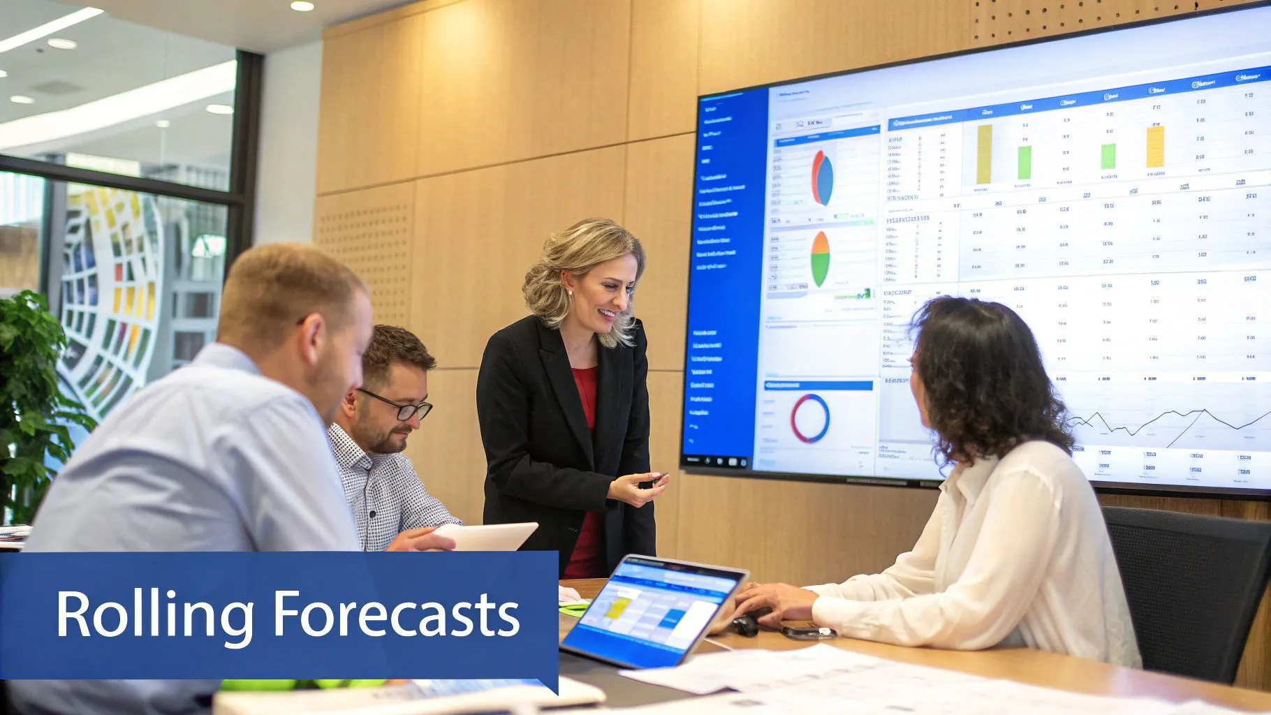 A diagram showing how a rolling forecast works over time. In Q1, the forecast extends from Q2 to Q1 of the next year. In Q2, the forecast drops Q2 and adds Q2 of the next year, maintaining a 12-month forward view.