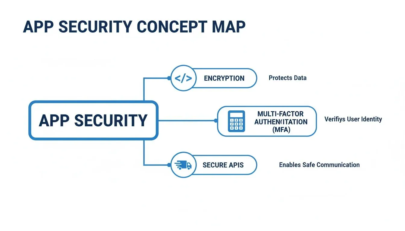 Concept map showing app security with encryption protecting data, MFA verifying user identity, and secure APIs enabling safe communication.