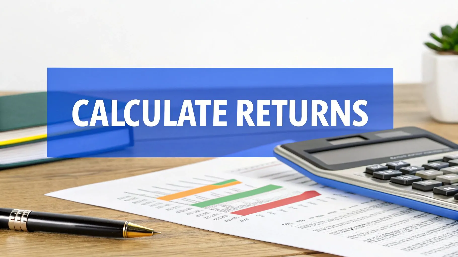 A person using a calculator to analyze financial charts on a screen, illustrating the process of calculating returns.