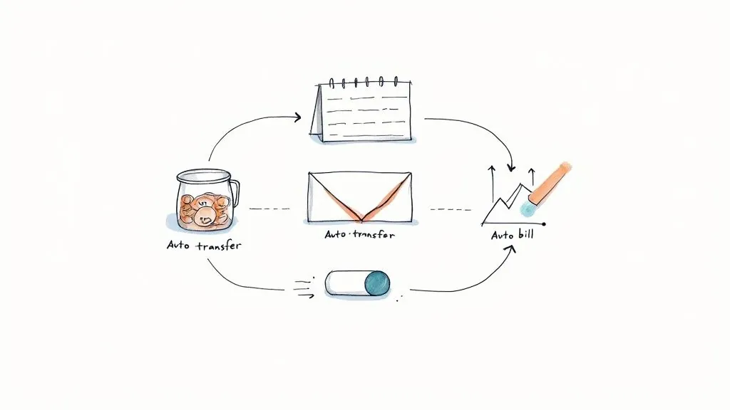 Diagram illustrating auto transfer and auto bill financial processes with a calendar, money jar, and graph.