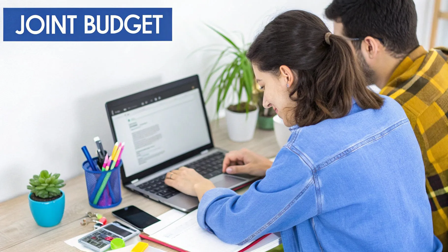 Two people looking at a laptop together, reviewing their finances with a budget app open on the screen.