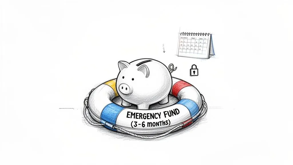 Pencil sketch of a piggy bank in a lifebuoy labeled 'EMERGENCY FUND', symbolizing financial security.