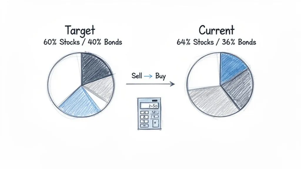 Diagram illustrates investment portfolio rebalancing, adjusting current 64% stocks to target 60% stocks and 40% bonds.