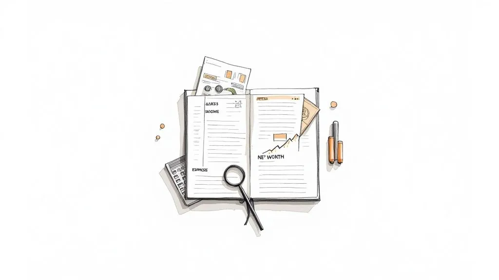 An open notebook showing financial planning with assets, income, expenses, net worth, a calculator, and magnifying glass.