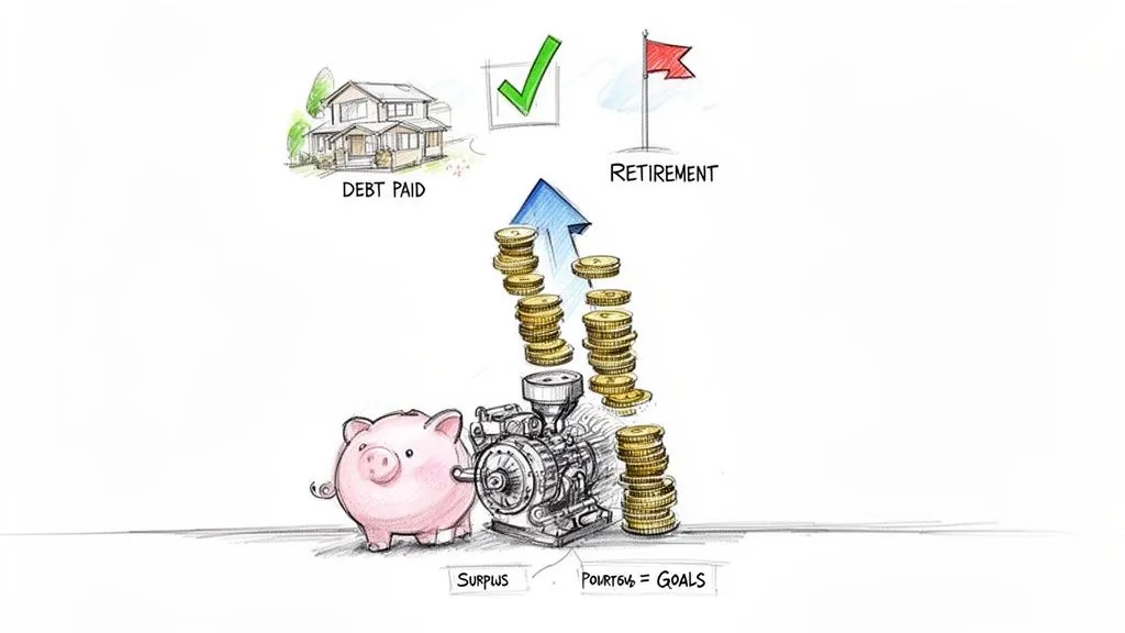 Illustration of financial planning: piggy bank surplus leading to investments, achieving debt payment and retirement goals.