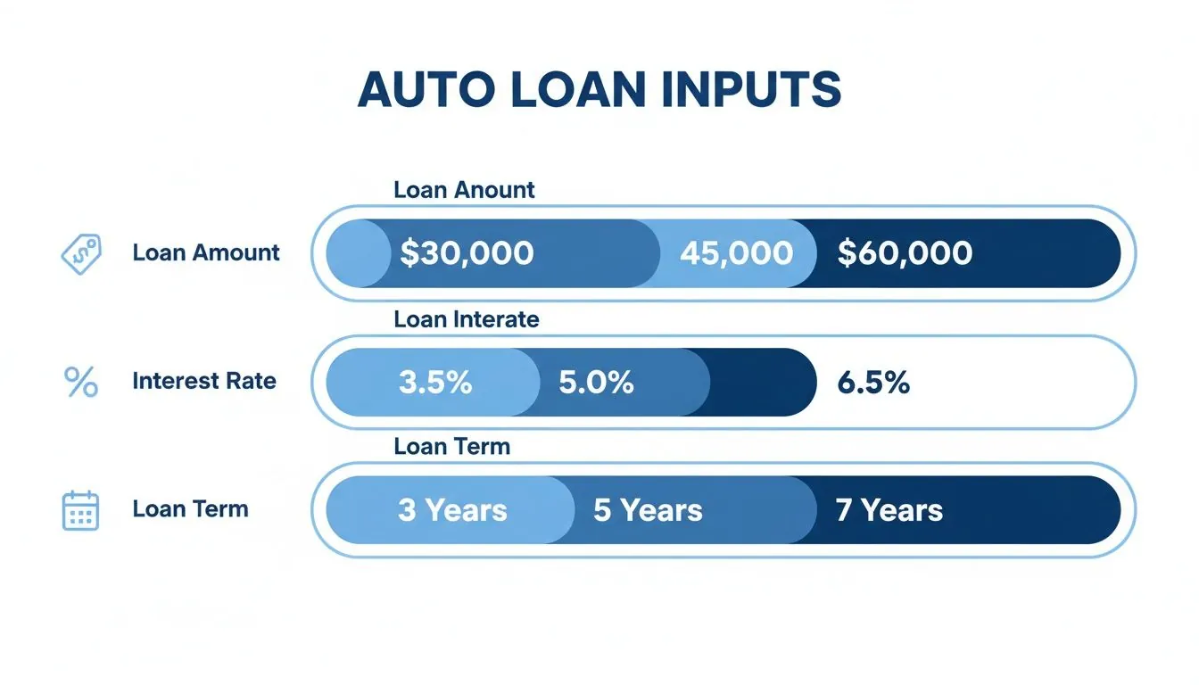 Auto loan inputs interface displaying selected options for loan amount, interest rate, and loan term.