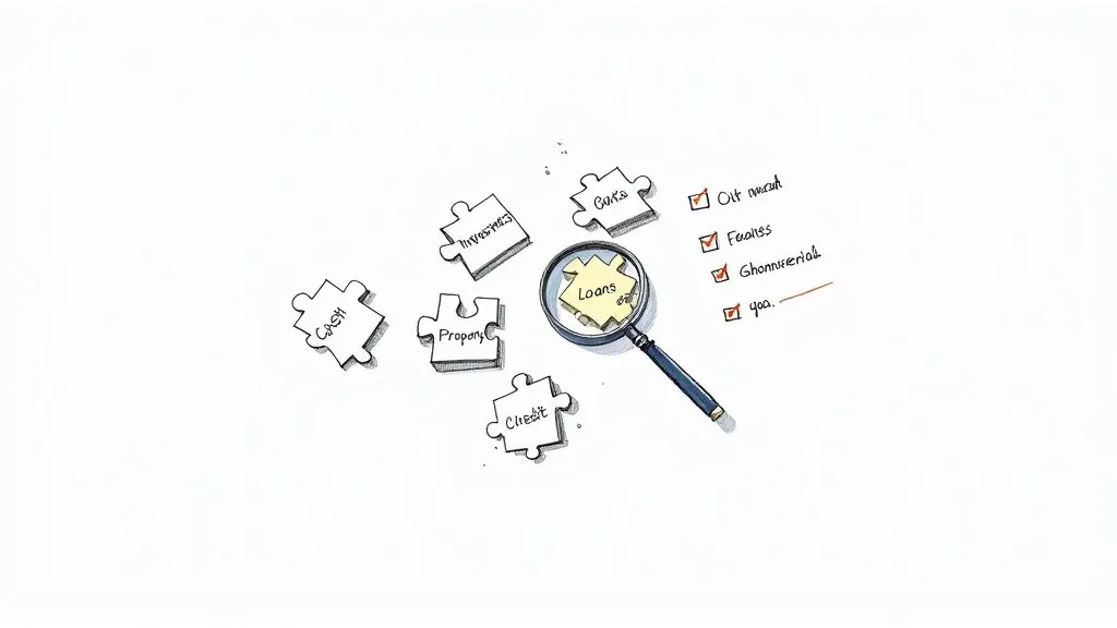 Illustration of financial puzzle pieces like Cash, Investments, Property, Credit, and Banks, with 'Loans' highlighted by a magnifying glass.