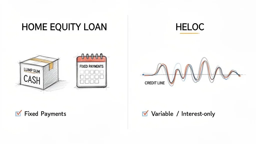 An image comparing a home equity loan (lump sum cash, fixed payments) with a HELOC (variable interest-only, credit line).