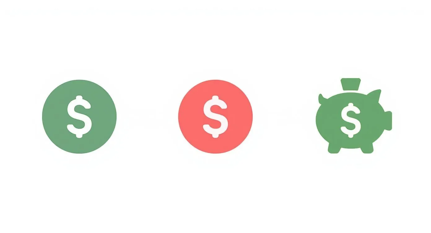 Three icons depicting financial concepts: a green dollar coin, a red dollar coin, and a green piggy bank.