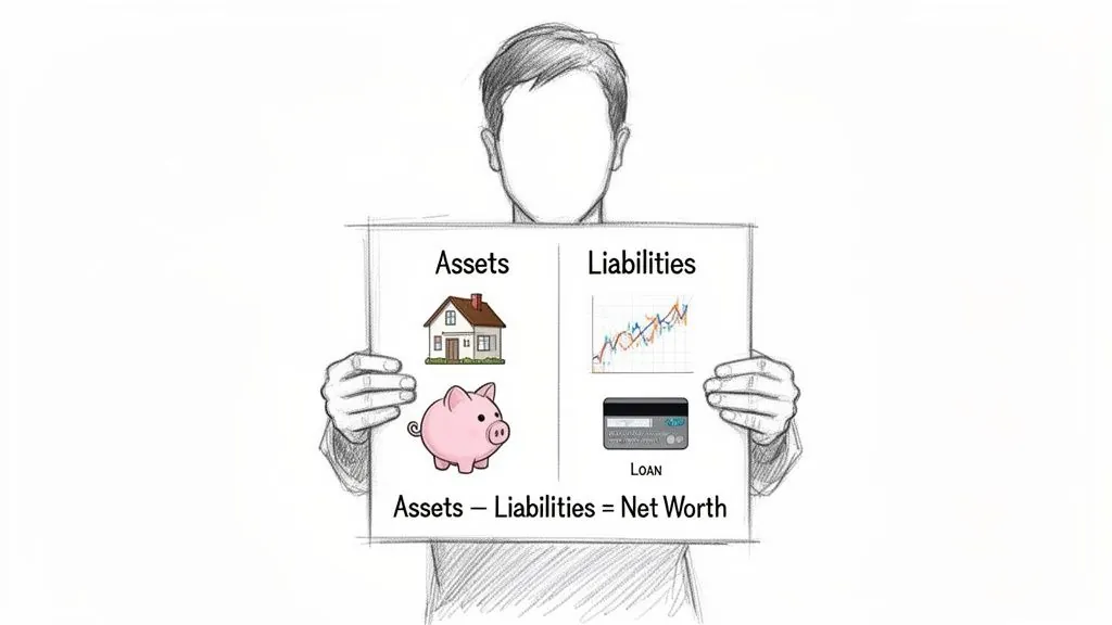 A drawing of a person holding a sign explaining net worth with assets and liabilities examples.
