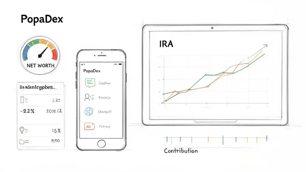 A digital financial dashboard showing net worth, a mobile app, and an IRA growth graph.