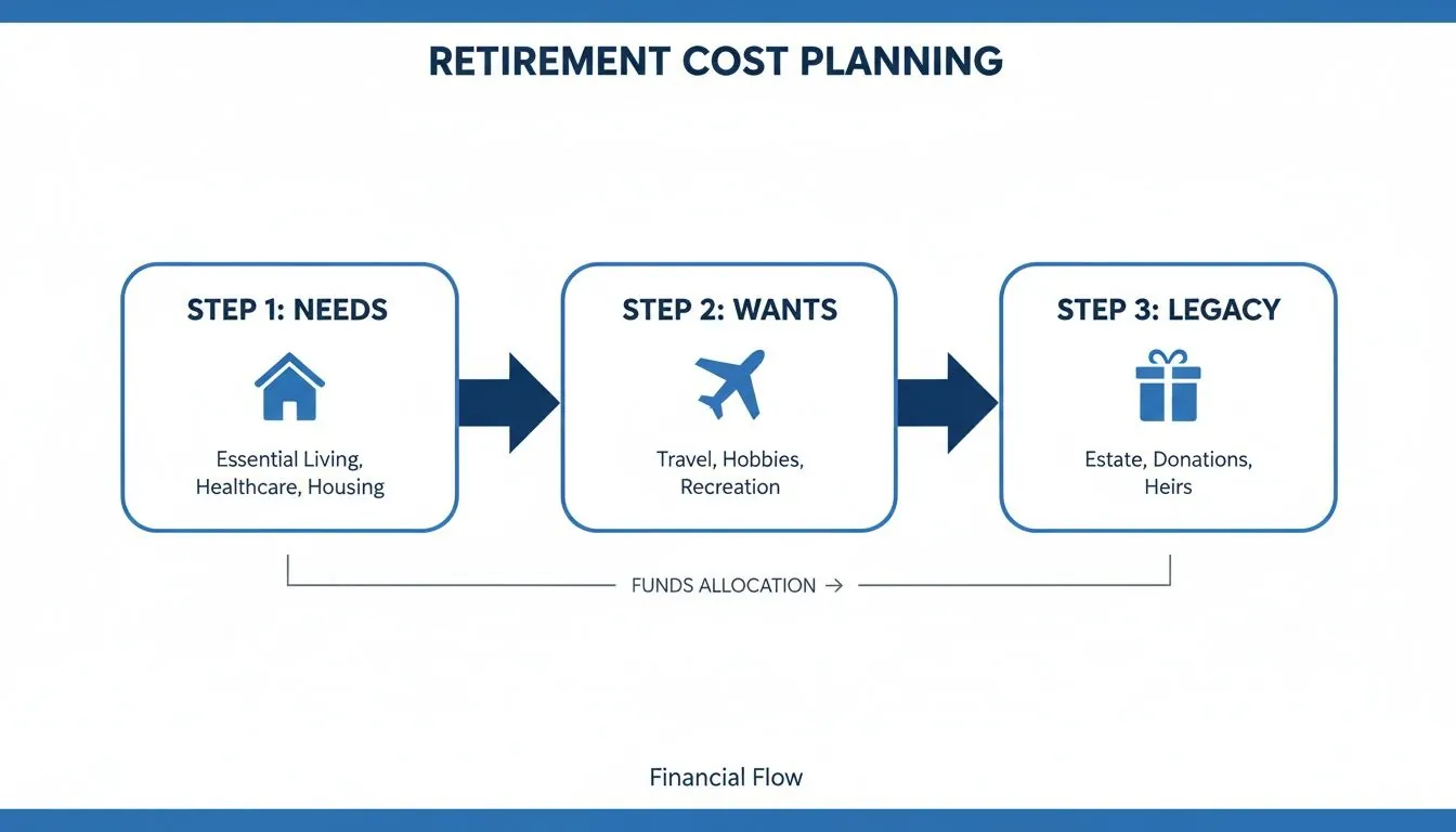 A flowchart illustrating retirement cost planning steps for needs, wants, and legacy financial allocation.