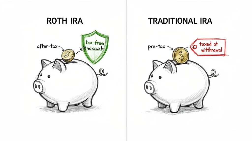 An illustration comparing Roth IRA (after-tax, tax-free withdrawals) and Traditional IRA (pre-tax, taxed at withdrawal).