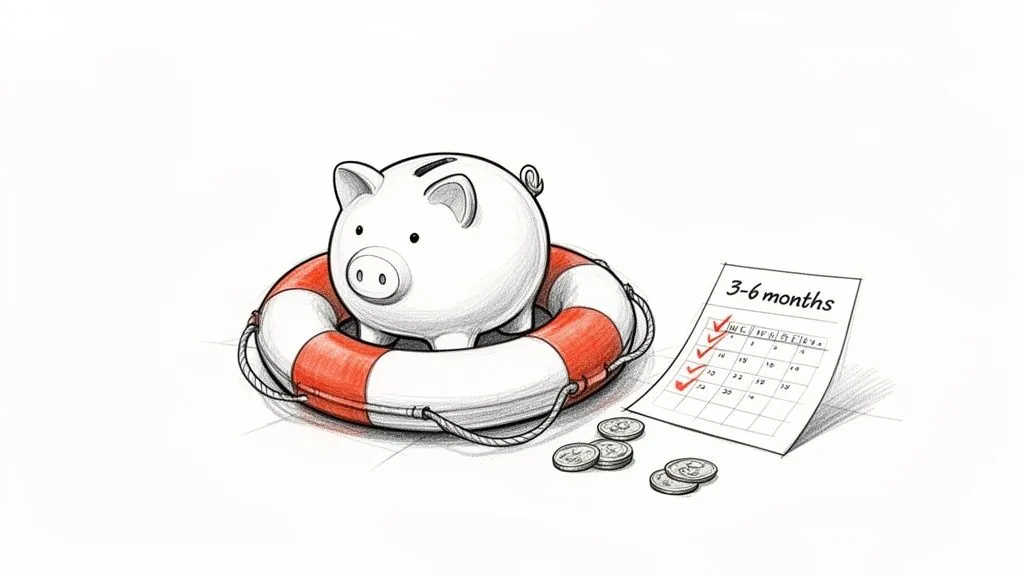 Illustration of a piggy bank in a lifebuoy with a 3-6 month financial planning calendar and coins.
