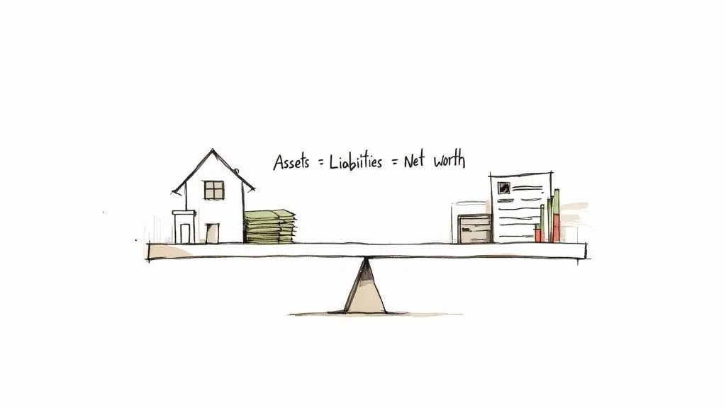 Balance scale illustrates assets (house, money) against liabilities (documents), representing the net worth equation.