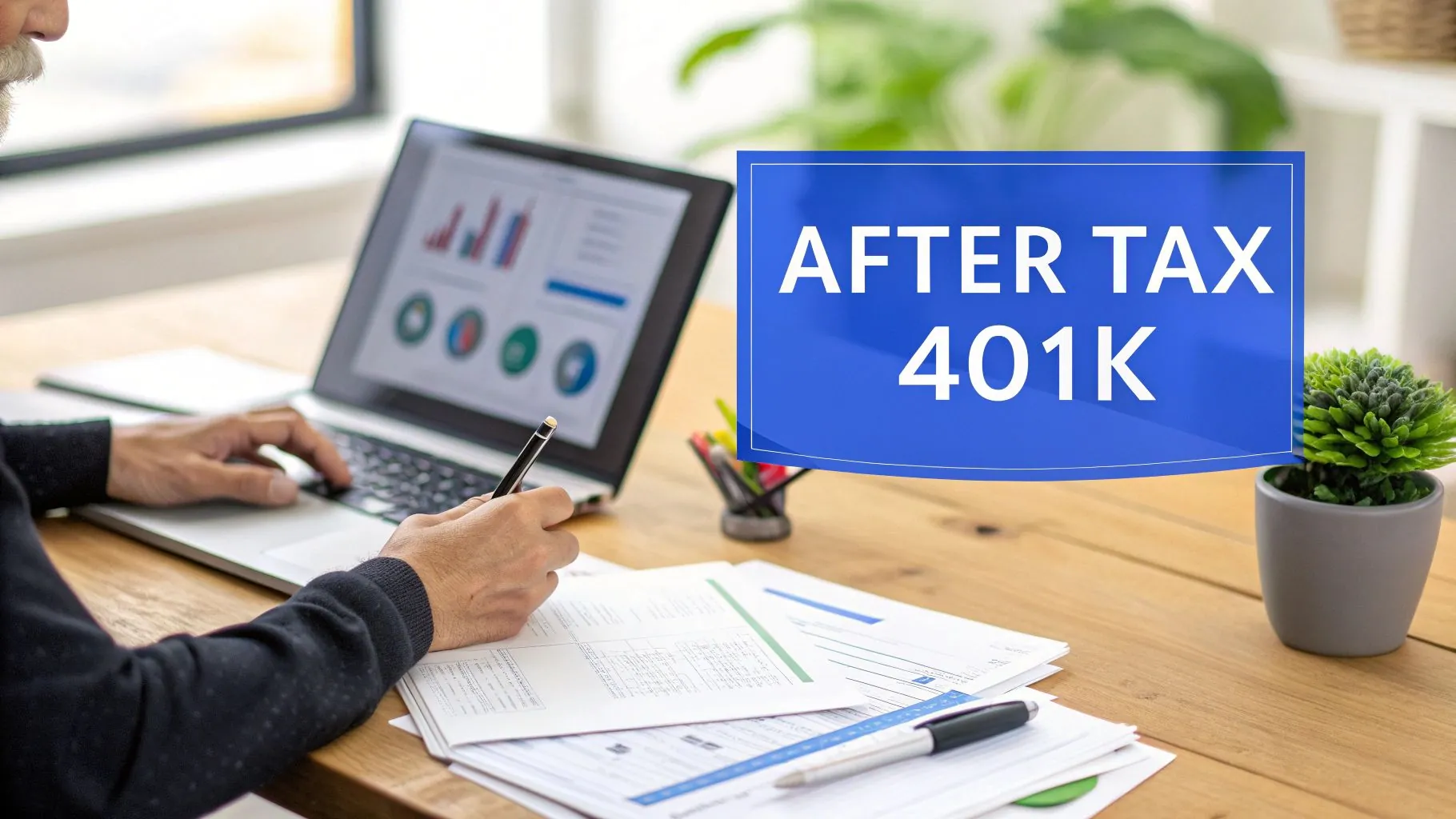 A person reviewing their a retirement savings on a tablet, looking optimistic.