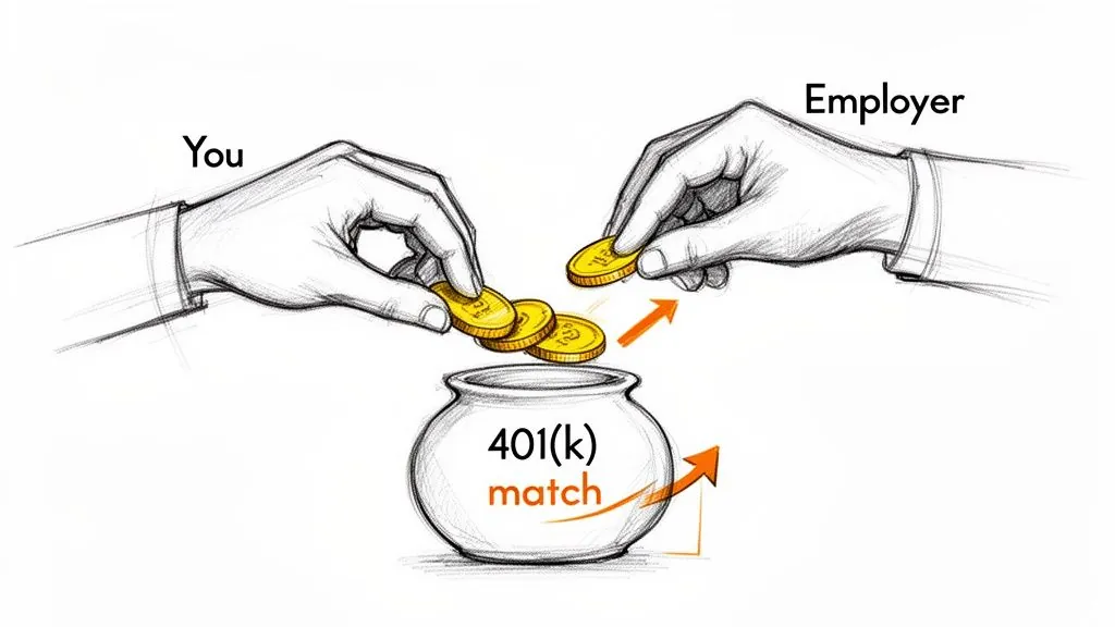 Illustration showing an employee and employer contributing coins to a 401(k) match retirement fund.