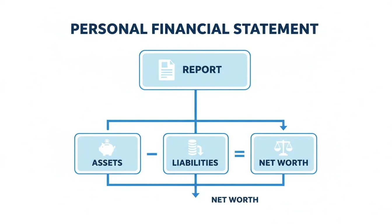 Flowchart illustrating a personal financial statement, detailing the relationship between assets, liabilities, and net worth.