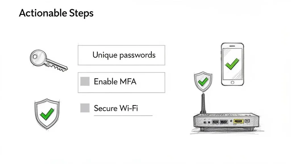 Infographic showing actionable security steps: unique passwords and secure Wi-Fi are checked, enable MFA is pending.