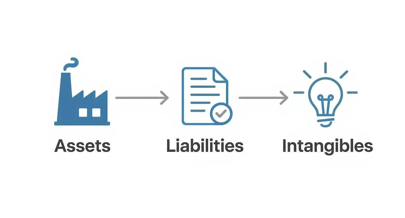 Flow diagram showing progression from physical assets through documented liabilities to intangible assets represented by lightbulb