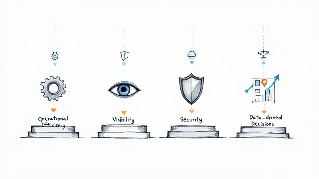 Four key business pillars: operational efficiency, visibility, security, and data-driven decisions, each with a symbolic icon.