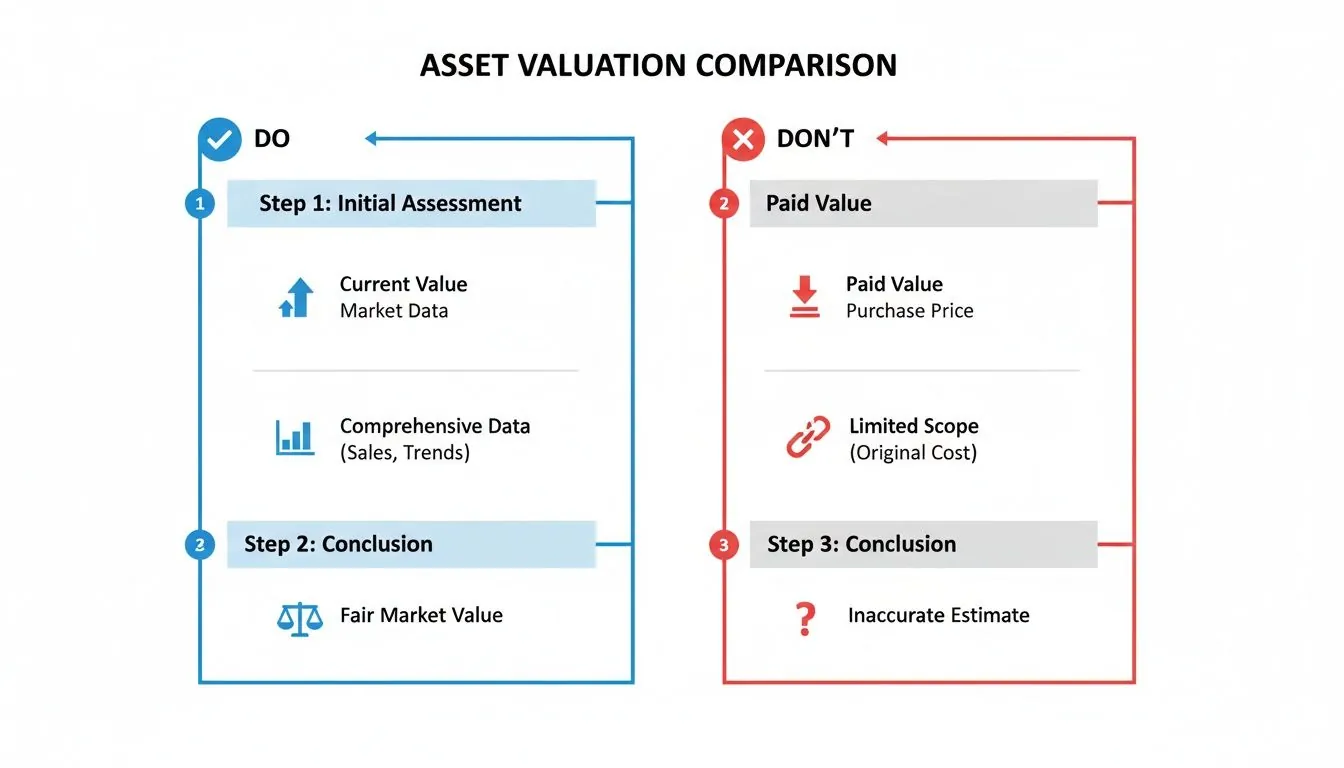 Infographic comparing correct asset valuation methods using market data vs. inaccurate methods based on paid value.