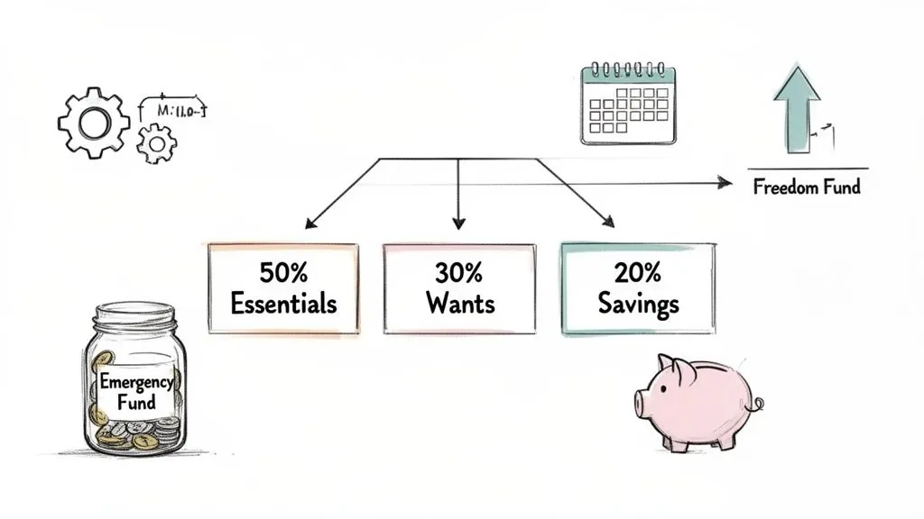 A financial planning infographic illustrating the 50/30/20 rule for budgeting and savings.