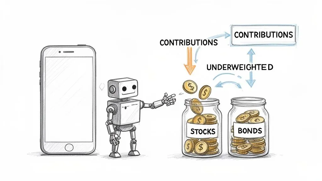 A robot managing investment allocations between stocks and bonds with a smartphone, illustrating portfolio rebalancing.