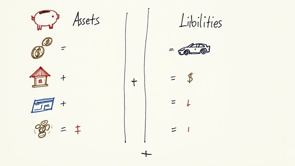 A hand-drawn diagram illustrating personal finance, listing assets like savings and property, against liabilities such as car debt.