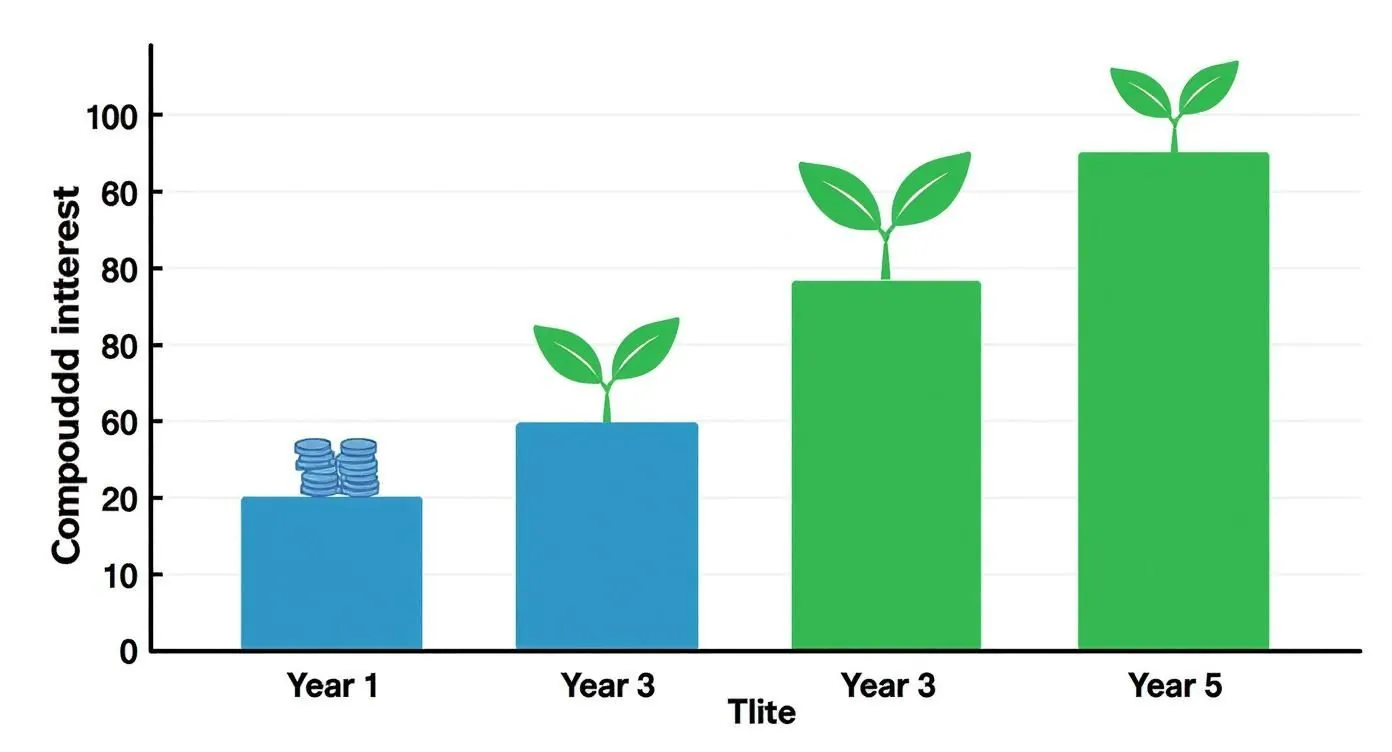 Bar chart showing compounded interest growth over five years with plant sprouting symbolizing financial growth