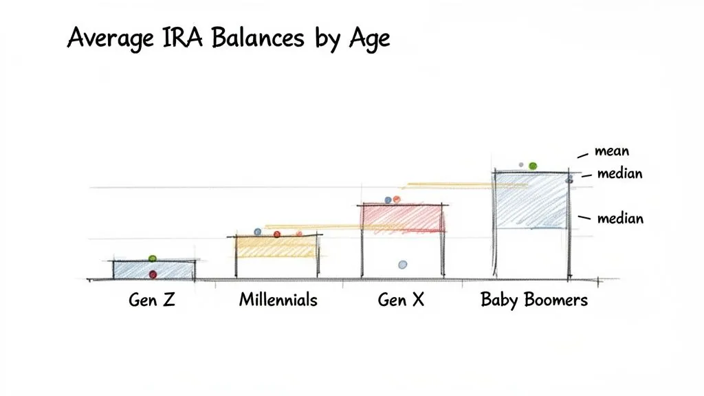 Sketch-style bar chart showing average IRA balances by age for Gen Z, Millennials, Gen X, and Baby Boomers.