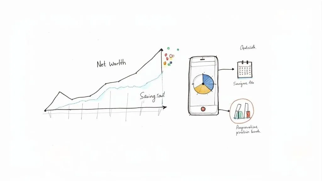 A hand-drawn sketch showing a net worth graph, savings trend, and a smartphone app for financial management.