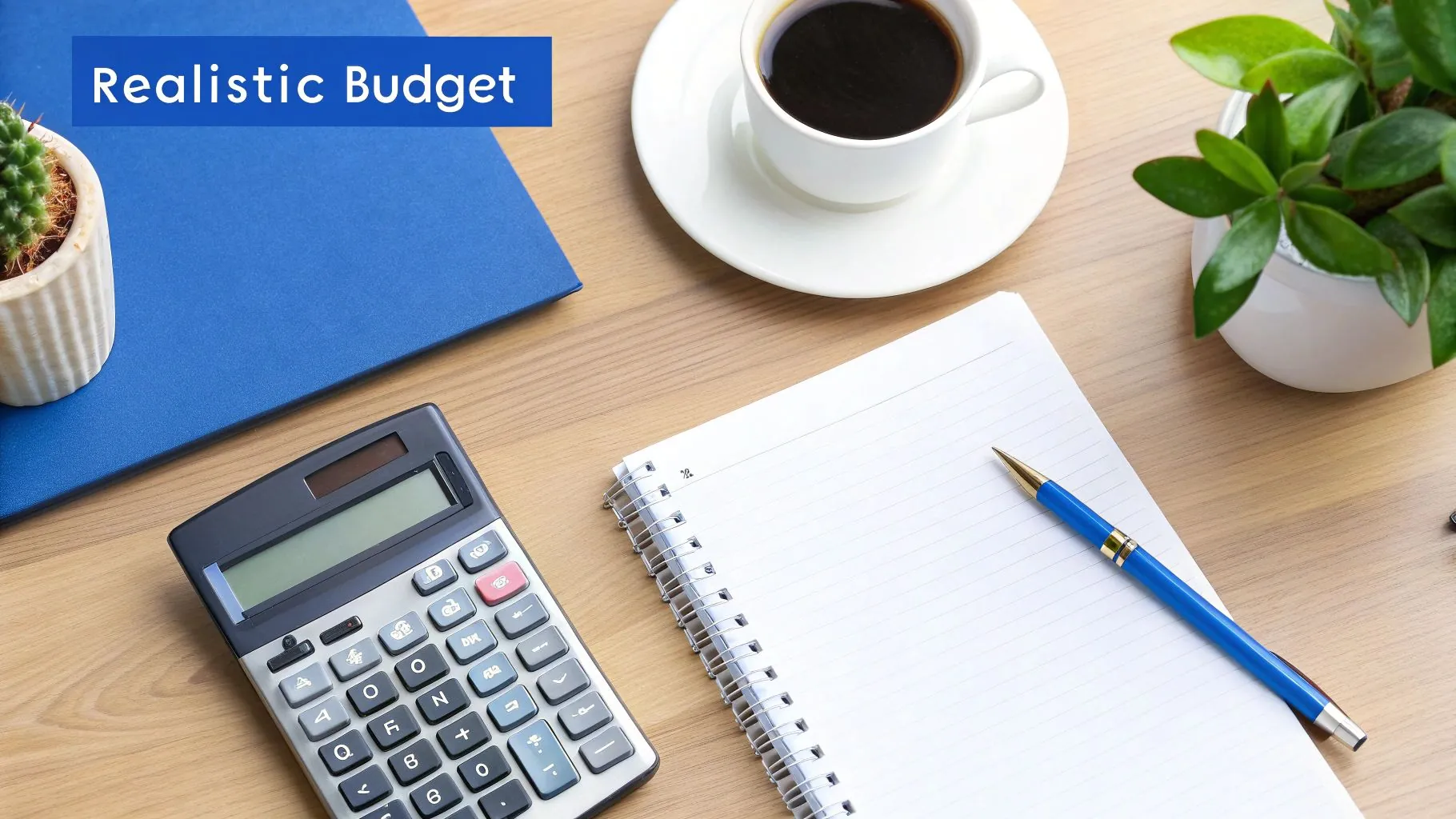A person at a desk with a calculator and coffee, happily reviewing their personal budget on a tablet.