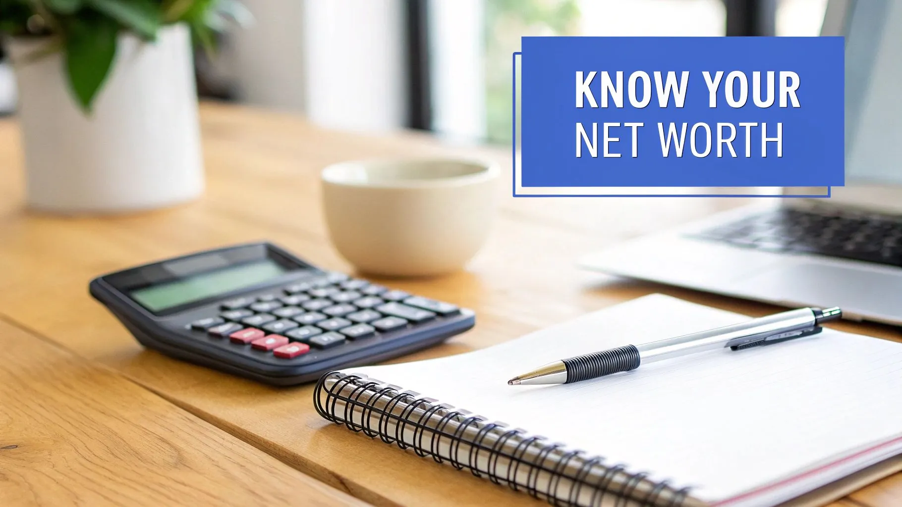 Calculator, notebook, pen and laptop on wooden desk with know your net worth text overlay