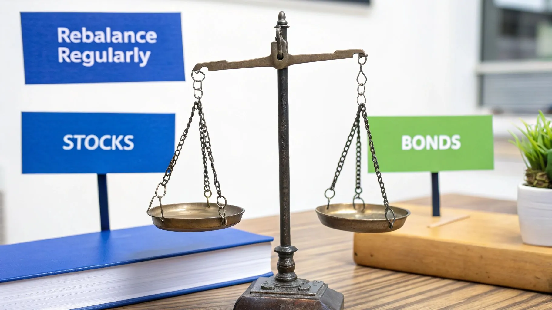 Balance scale comparing stocks and bonds for retirement portfolio allocation strategy and rebalancing