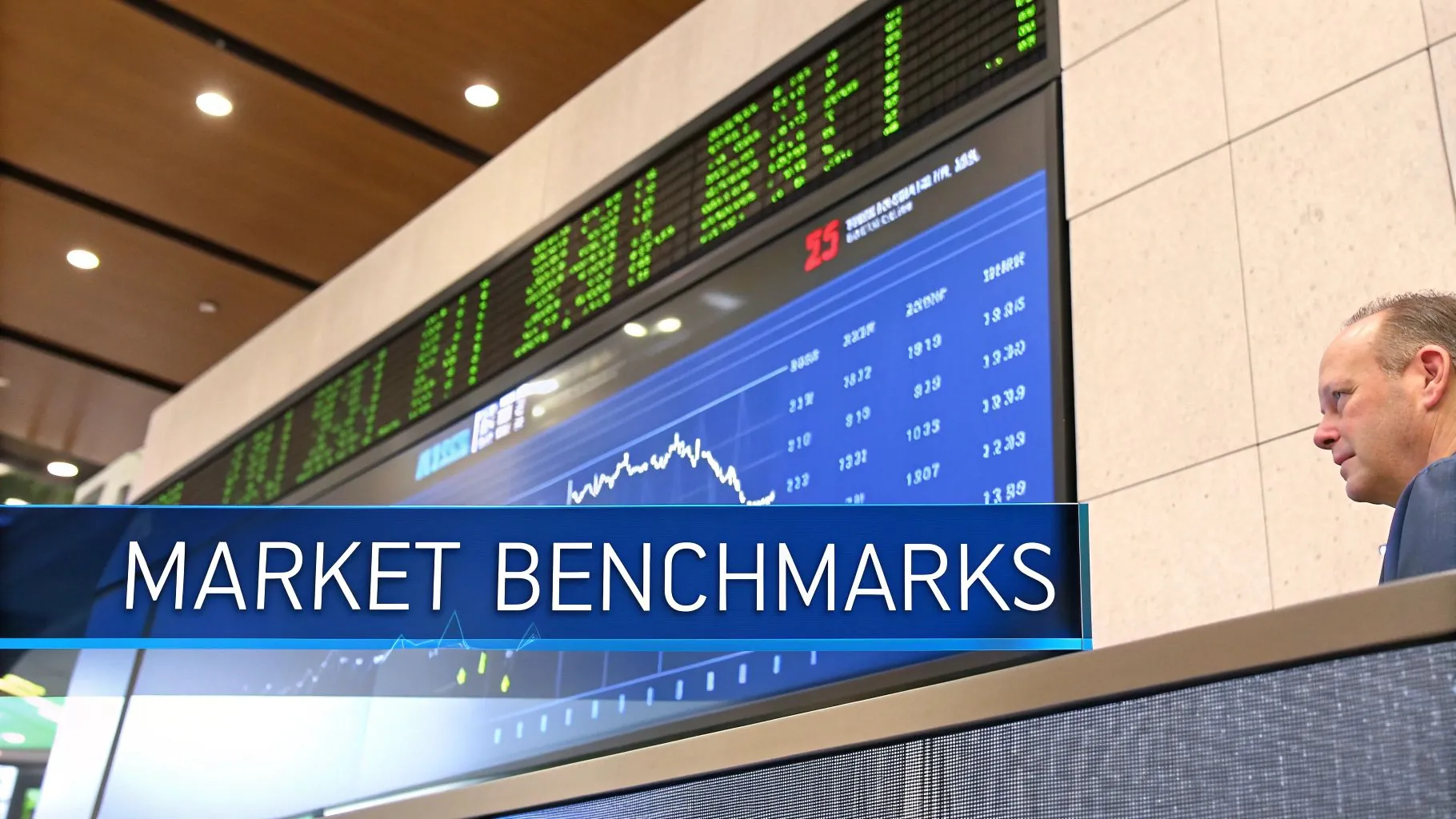 A graph showing long-term market performance with upward trends and fluctuations, illustrating historical benchmarks.