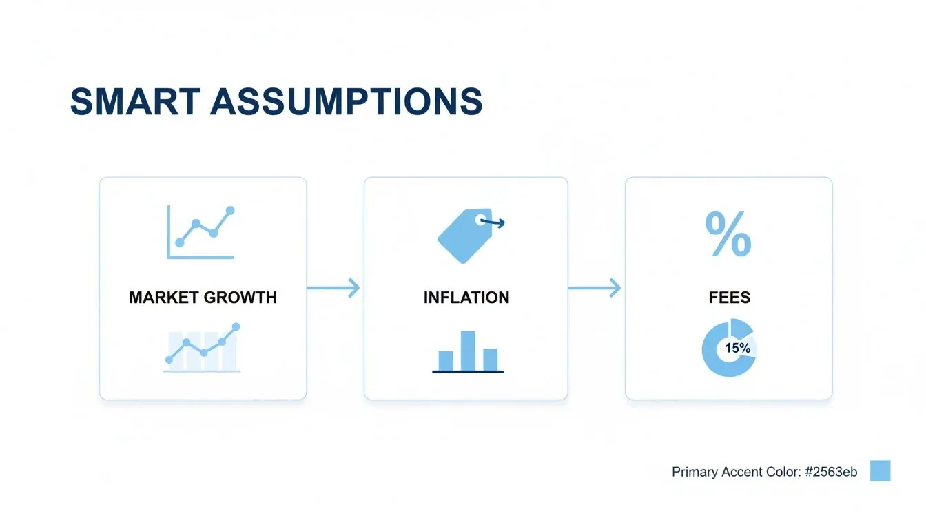 A financial diagram illustrating SMART ASSUMPTIONS for growth: Market Growth, Inflation, and Fees.