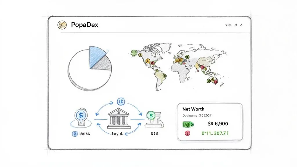 A sketch of a financial dashboard application named PopaDex, displaying net worth, global investments, and transaction flows.