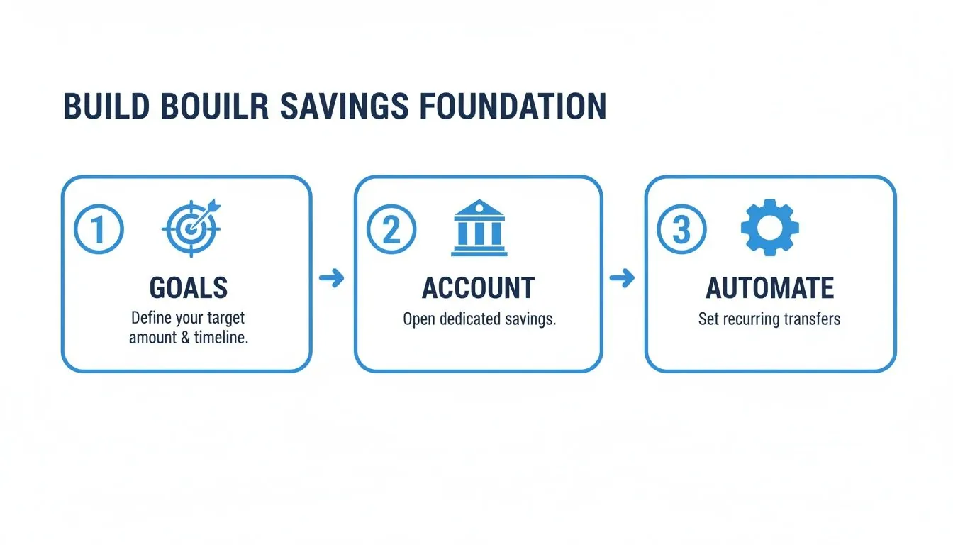 Infographic illustrating a 3-step process to build savings: define goals, open an account, and automate transfers.