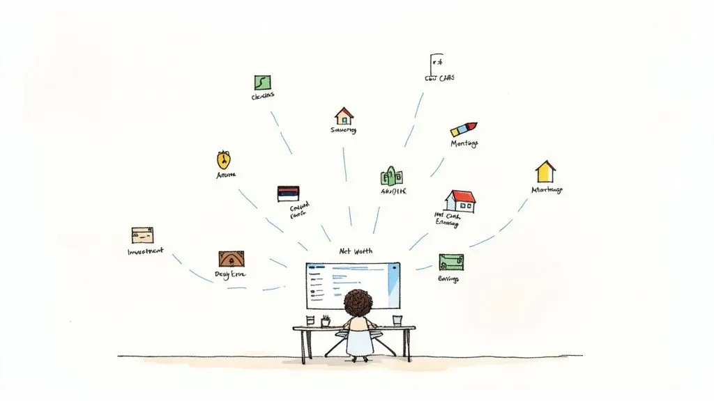 Illustration of a person consolidating various financial assets and liabilities to determine their net worth.