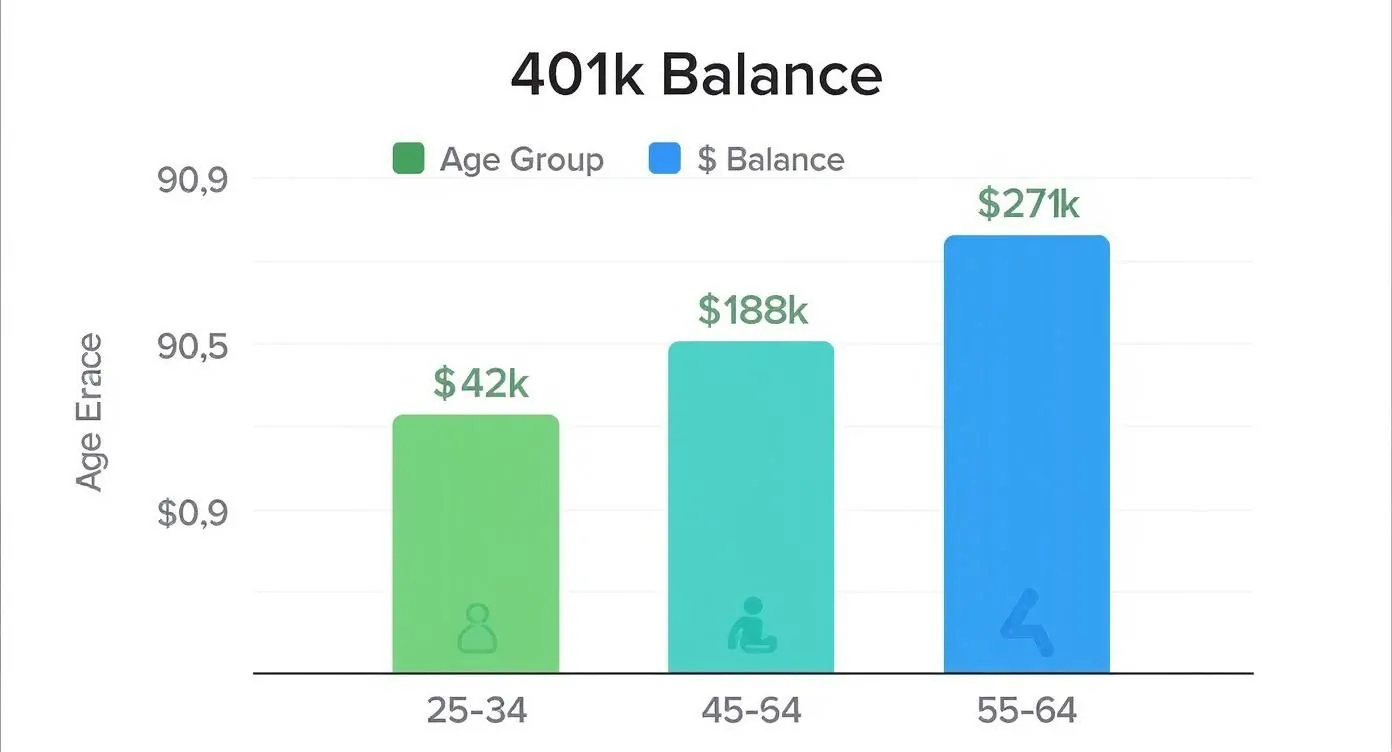 Bar chart illustrating average 401k balances across different age groups, showing increasing balances with age.