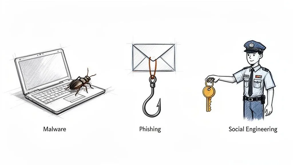 Illustrations of malware (bug on laptop), phishing (email on hook), and social engineering (officer with key).