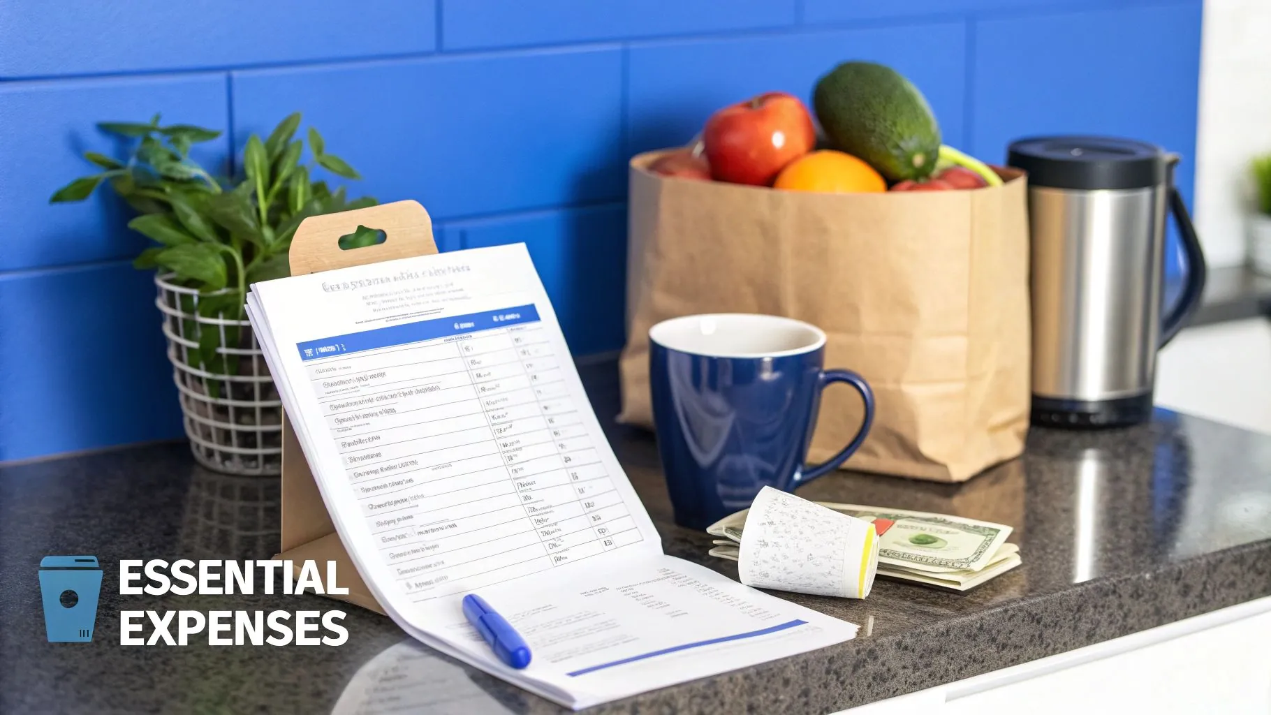 A person organizes financial documents like pay stubs and tax returns on a desk with a calculator and a cup of coffee.