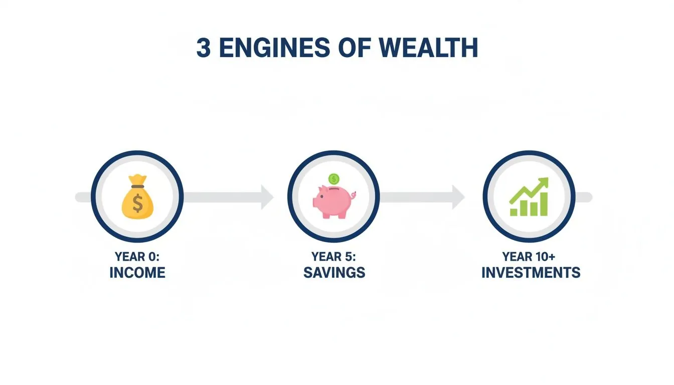 Infographic illustrates the 3 engines of wealth: income, savings, and investments over time.